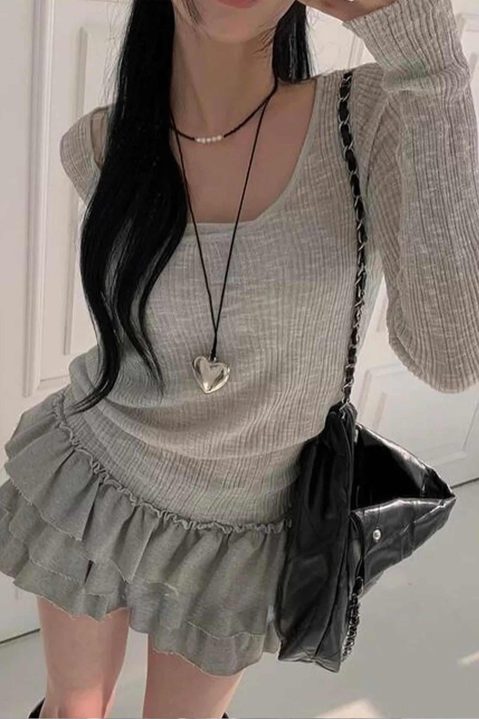 Gri Ek Askılı Madonna Yaka Harajuku Y2K Uzun Kollu Crop