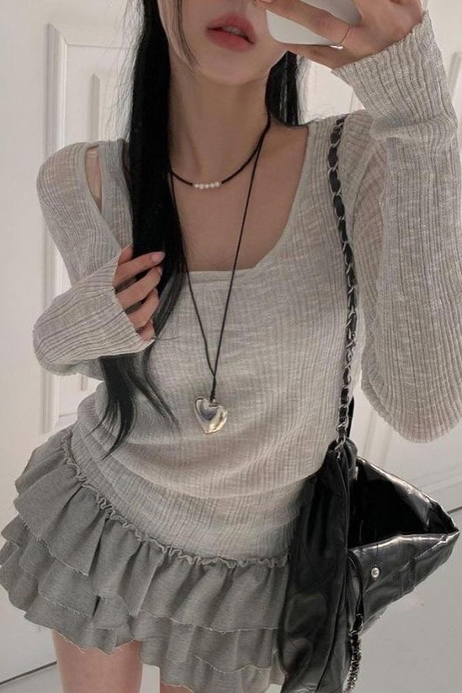 Gri Ek Askılı Madonna Yaka Harajuku Y2K Uzun Kollu Crop