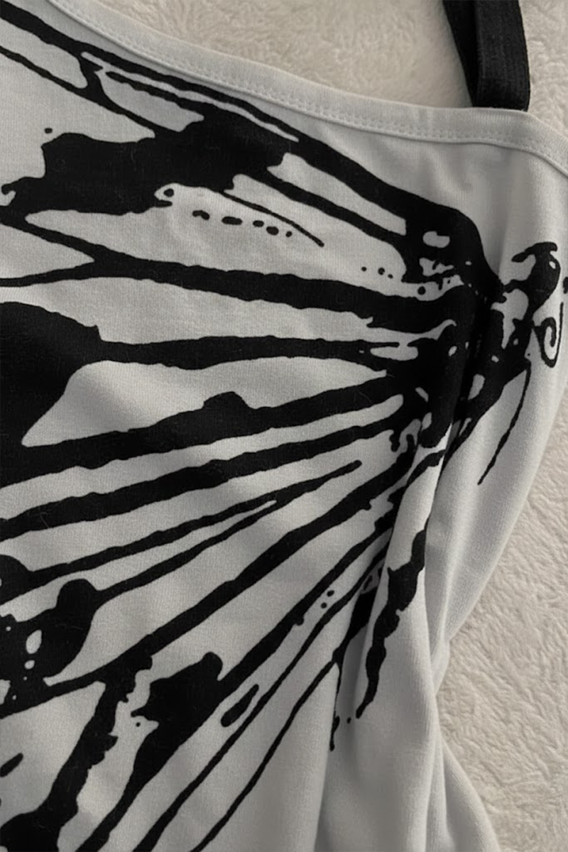Gri Kelebek Kanatlı Askılı Grunge Y2K Kısa Kollu Crop