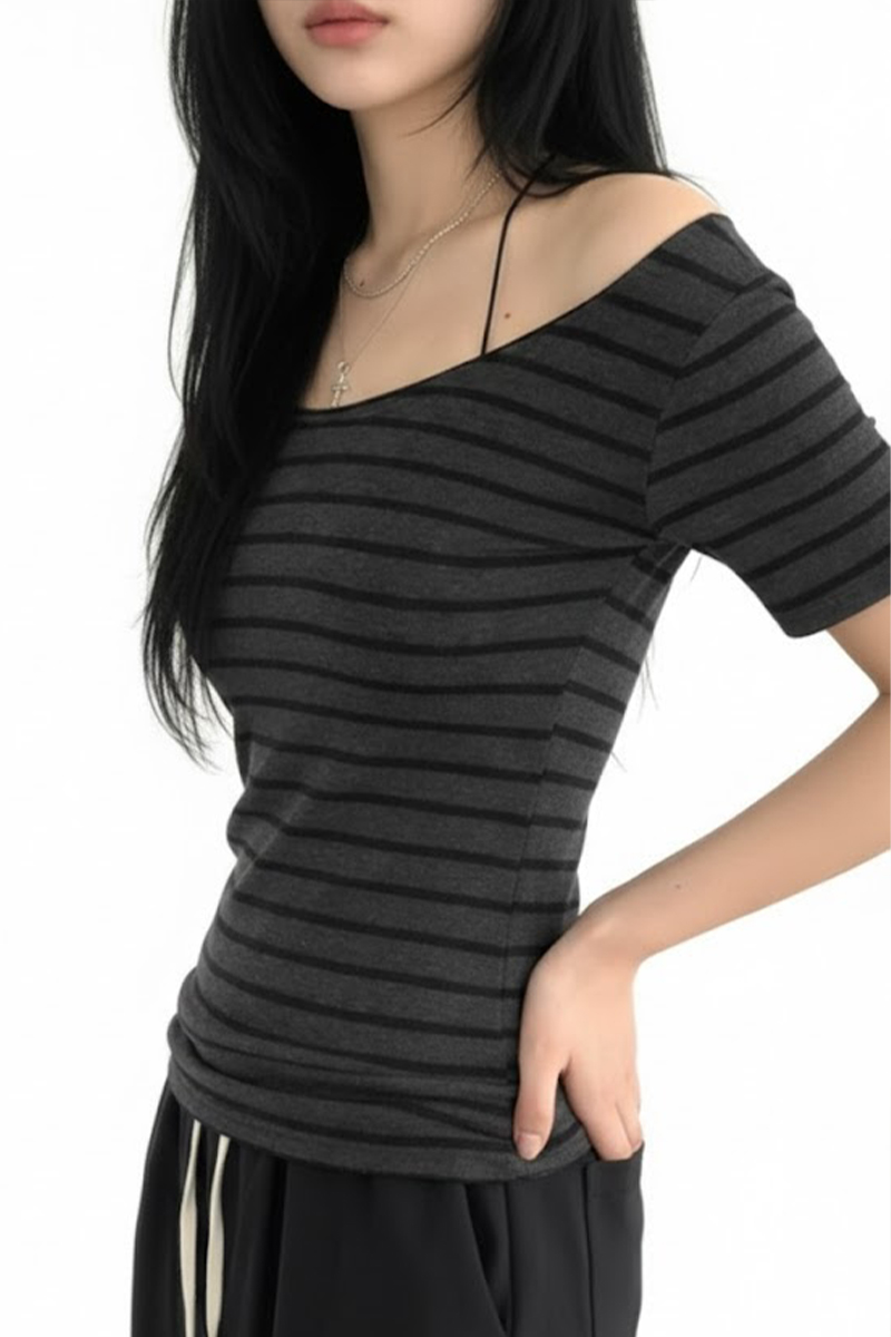 Gri Madonna Yaka Siyah Gotik Şeritli Y2K Kısa Kollu Crop