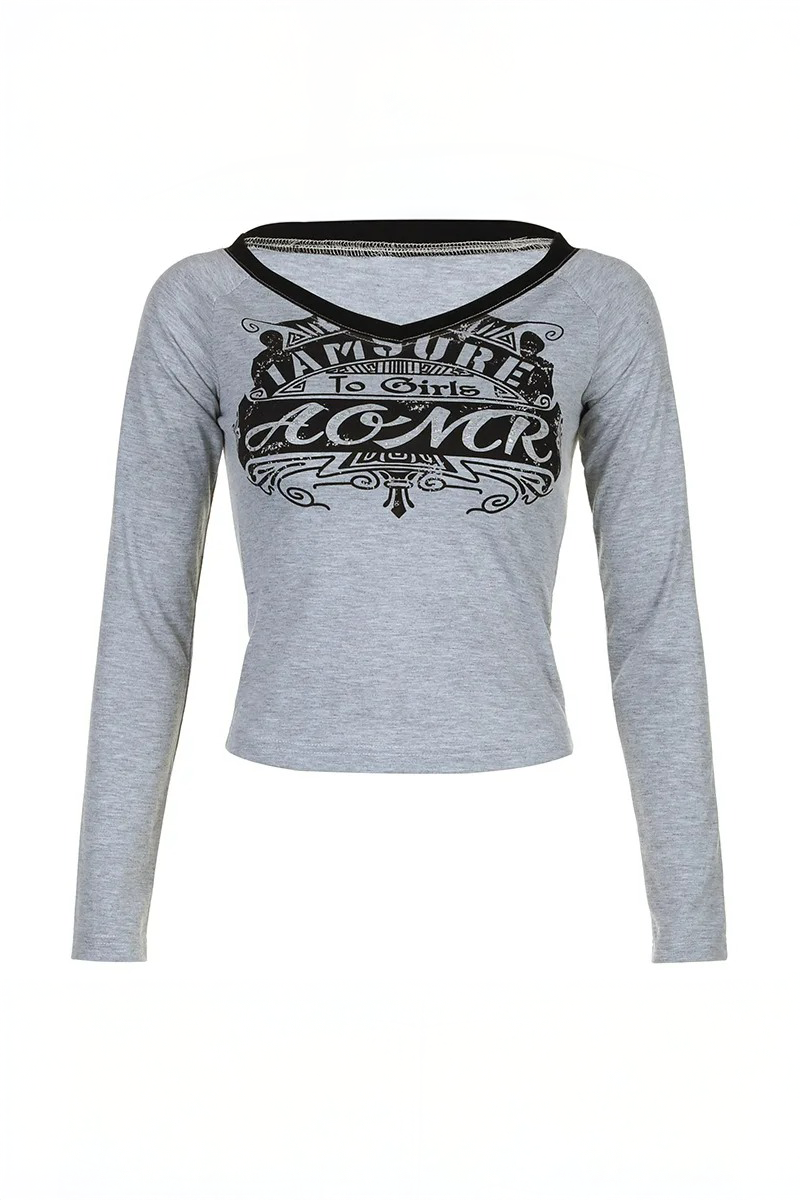 Gri Melanj AOMR Siyah Geniş Yaka Y2K Uzun Kollu Crop