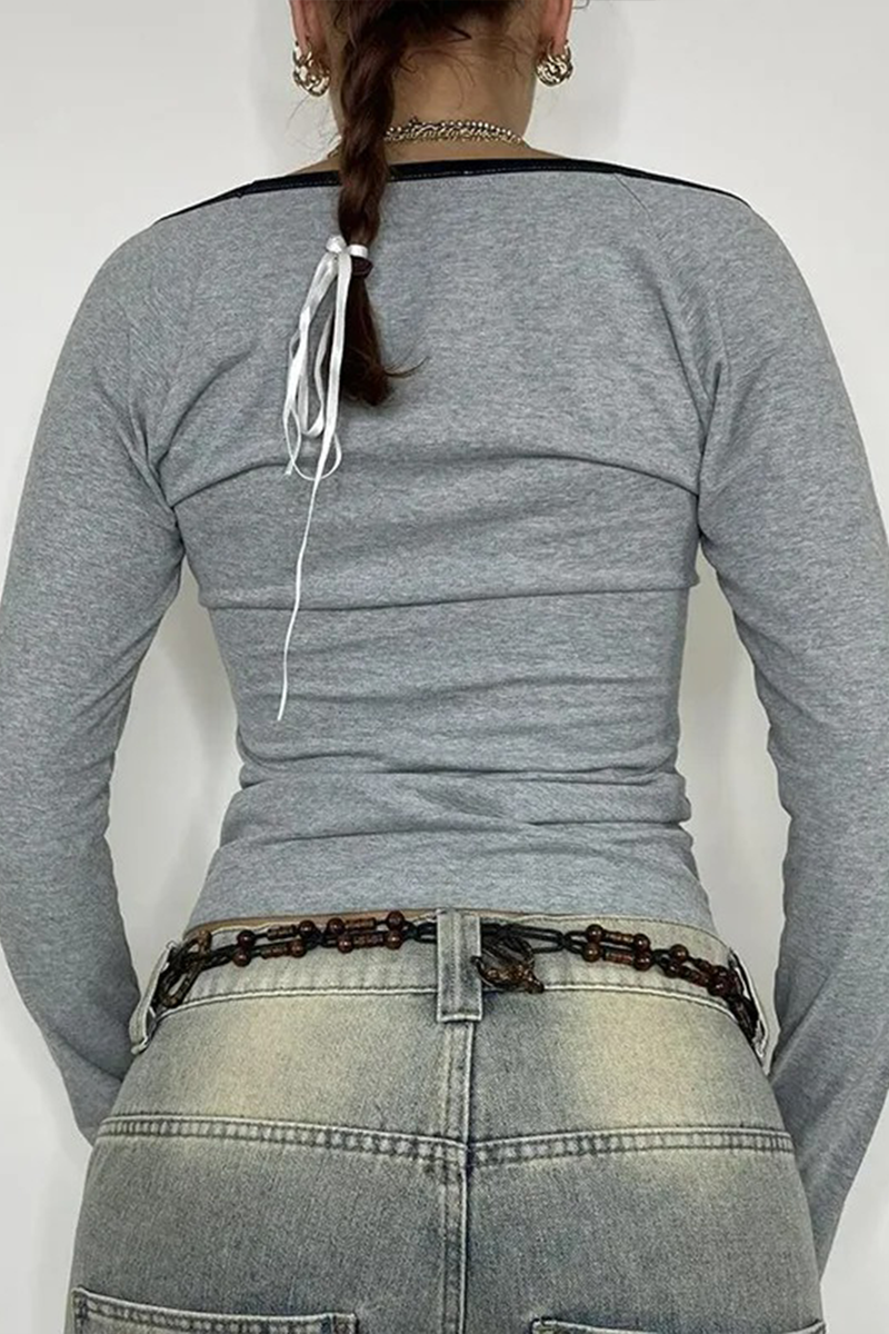 Gri Melanj AOMR Siyah Geniş Yaka Y2K Uzun Kollu Crop