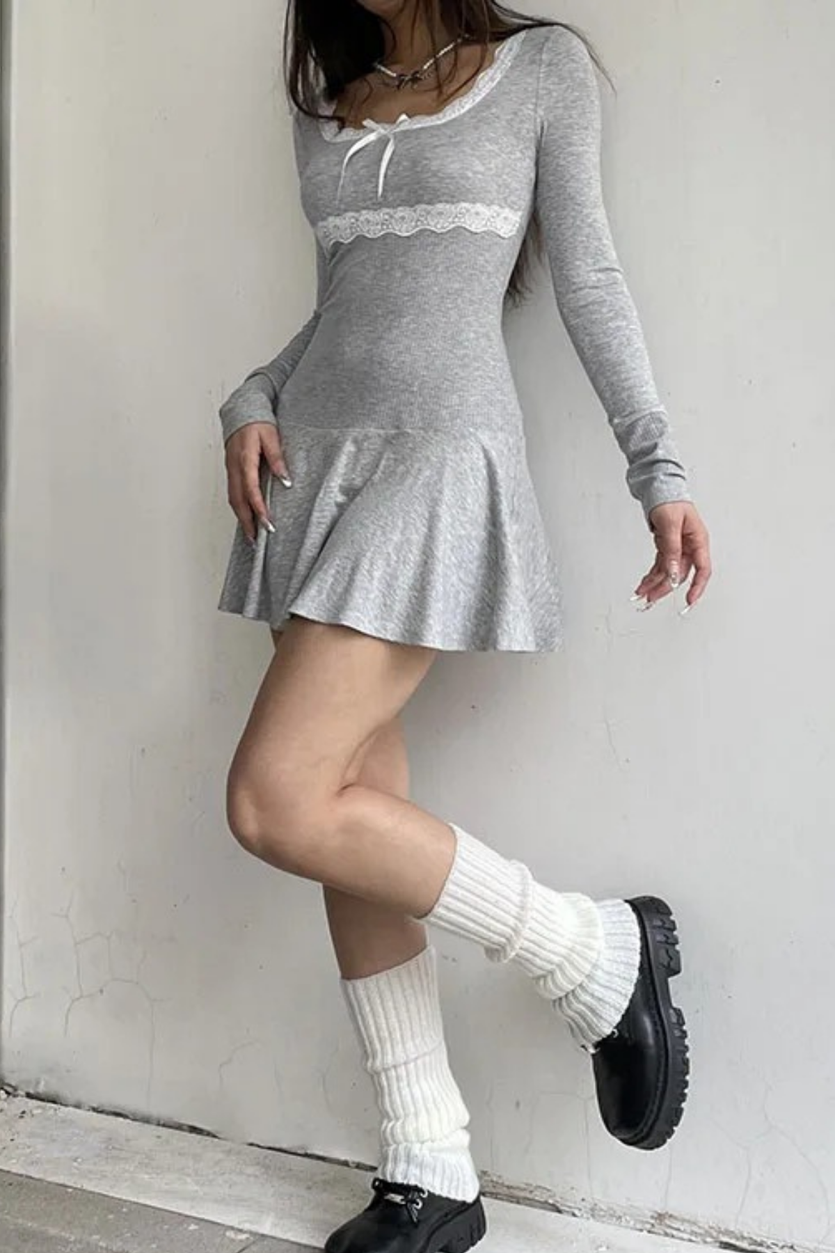 Gri Melanj Dantel Ve Fiyonk Detaylı Elbise