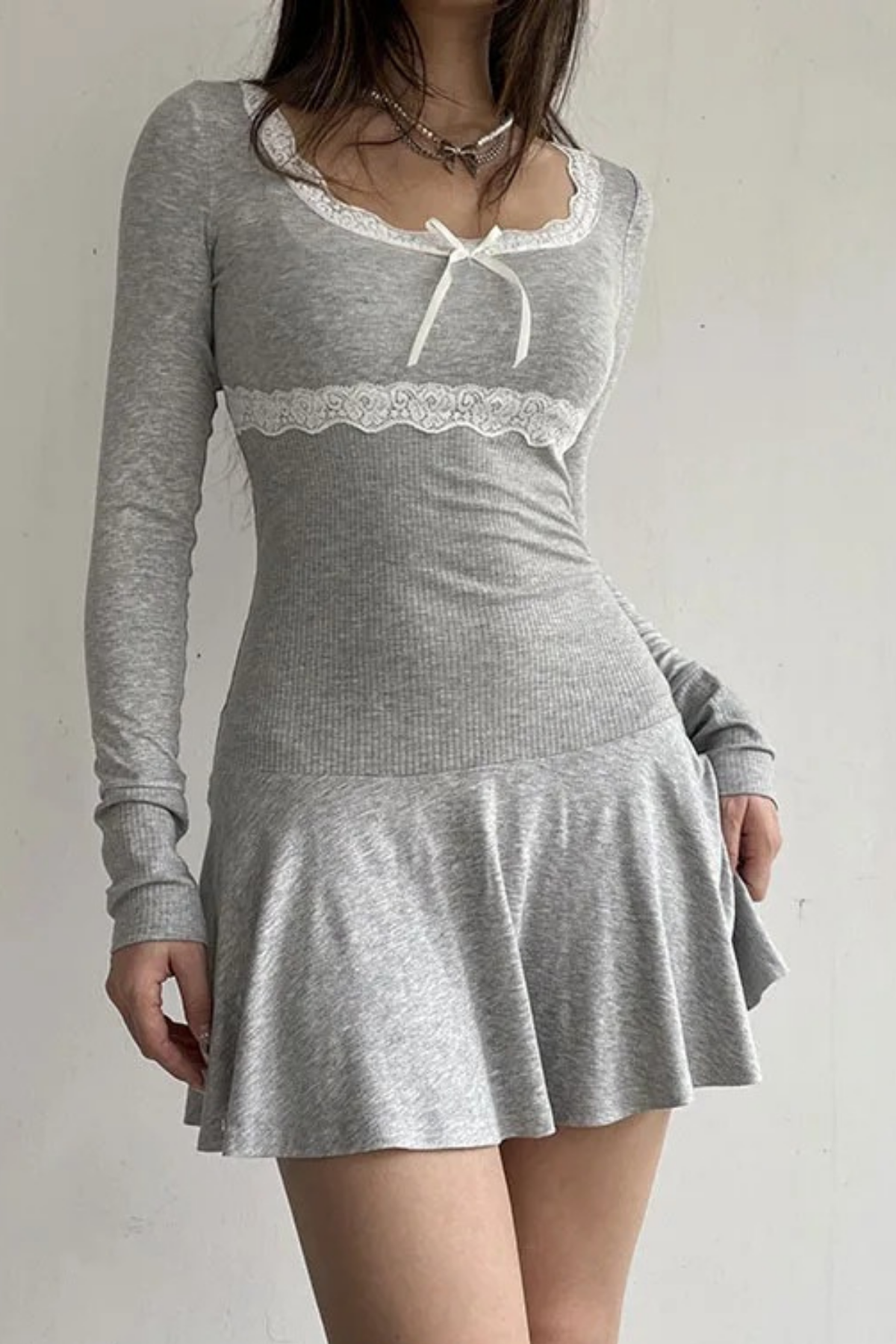 Gri Melanj Dantel Ve Fiyonk Detaylı Elbise