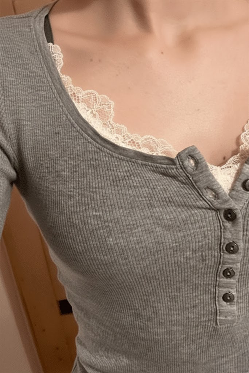Gri Melanj Dantelli Henley Yaka Düğmeli Street Y2K Uzun Kollu Crop