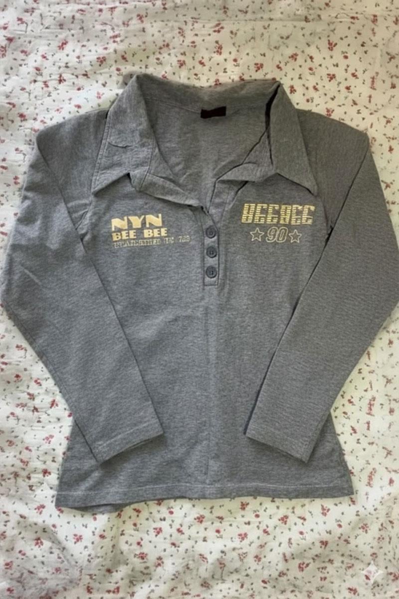 Gri Melanj Nyn Bee Bee Düğmeli Yakalı Y2K Uzun Kollu Crop