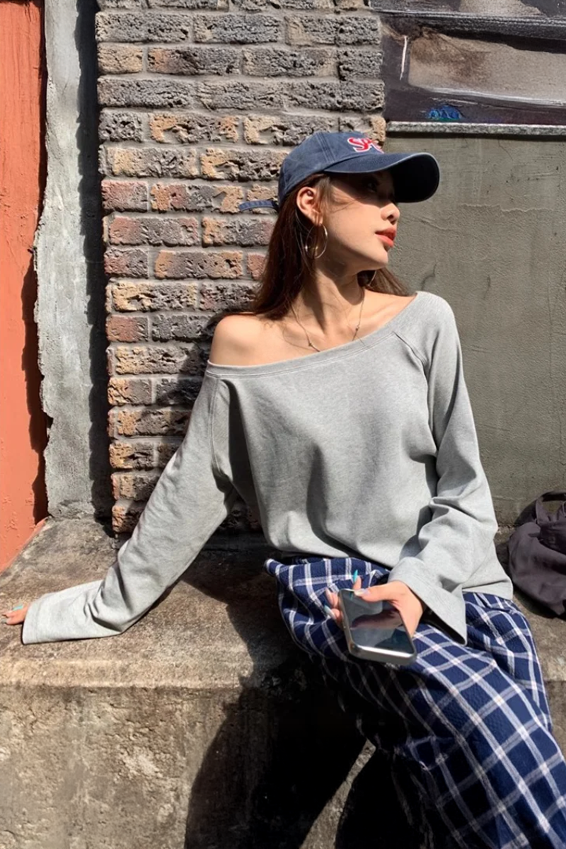 Gri Melanj Omuz Dekolteli Y2K Uzun Kollu T-shirt