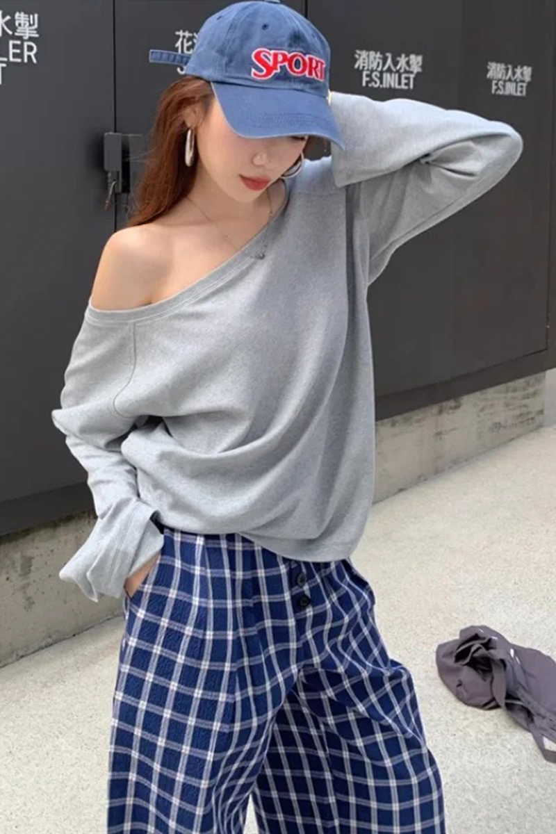 Gri Melanj Omuz Dekolteli Y2K Uzun Kollu T-shirt