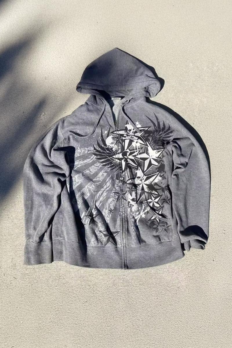 Gri Melanj Stars Skull Gotik Y2K Kapüşonlu Unisex Hırka