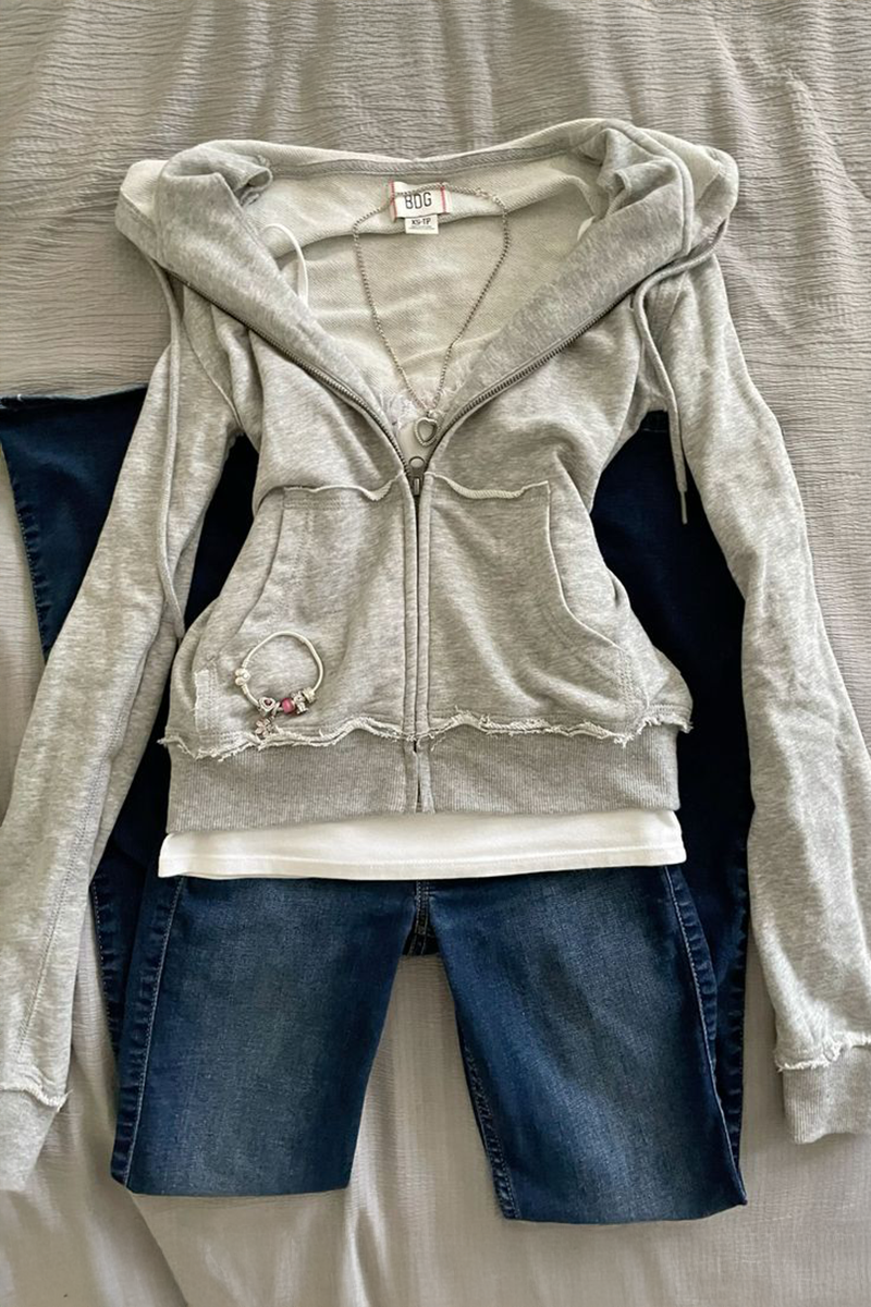 Gri Melanj Yırtık Detaylı Street Y2K Crop Hırka