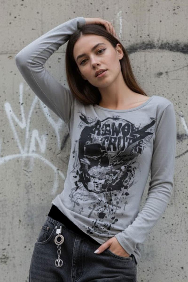 Gri Renol Trut Askılı Ekli Y2K Uzun Kollu Crop