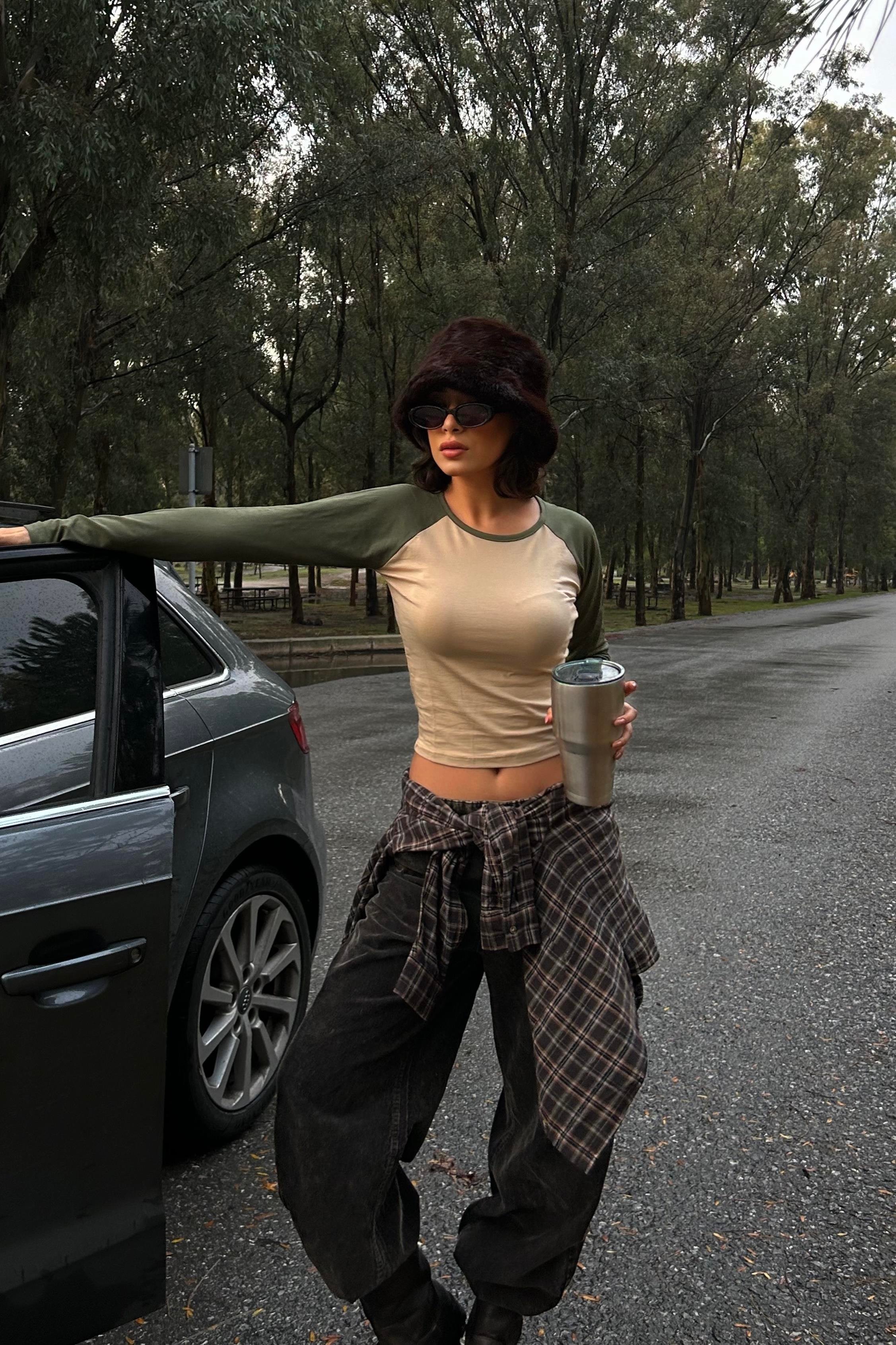 Haki Raglan Kollu Kahverengi Basic Uzun Kollu Crop