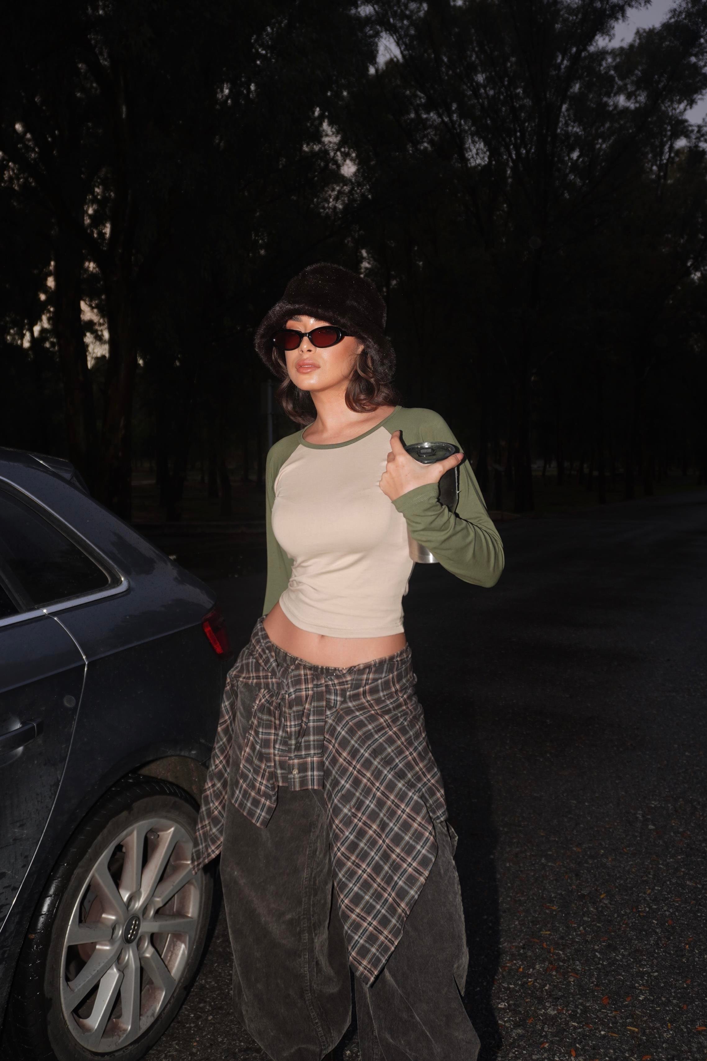 Haki Raglan Kollu Kahverengi Basic Uzun Kollu Crop