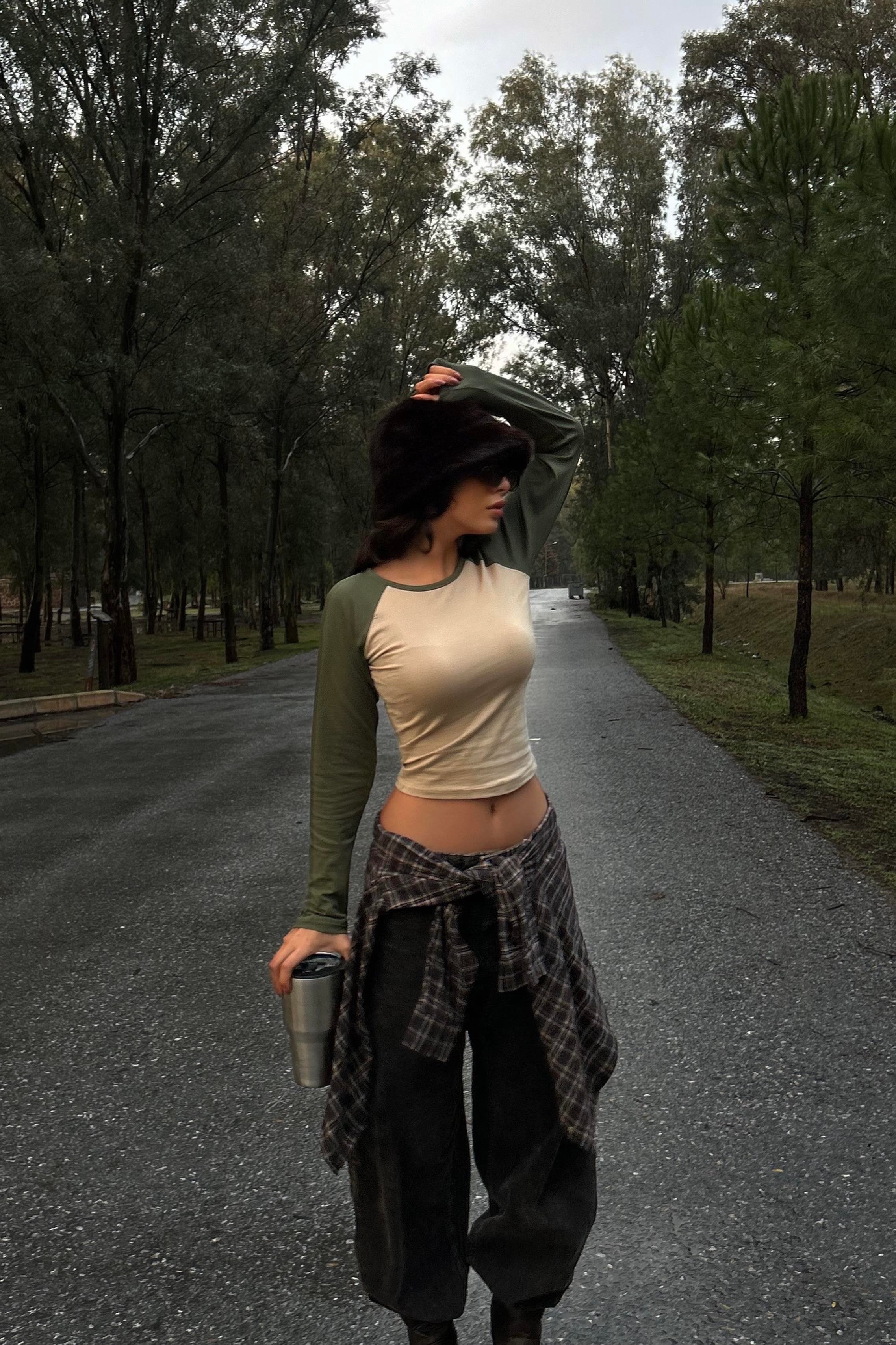 Haki Raglan Kollu Kahverengi Basic Uzun Kollu Crop