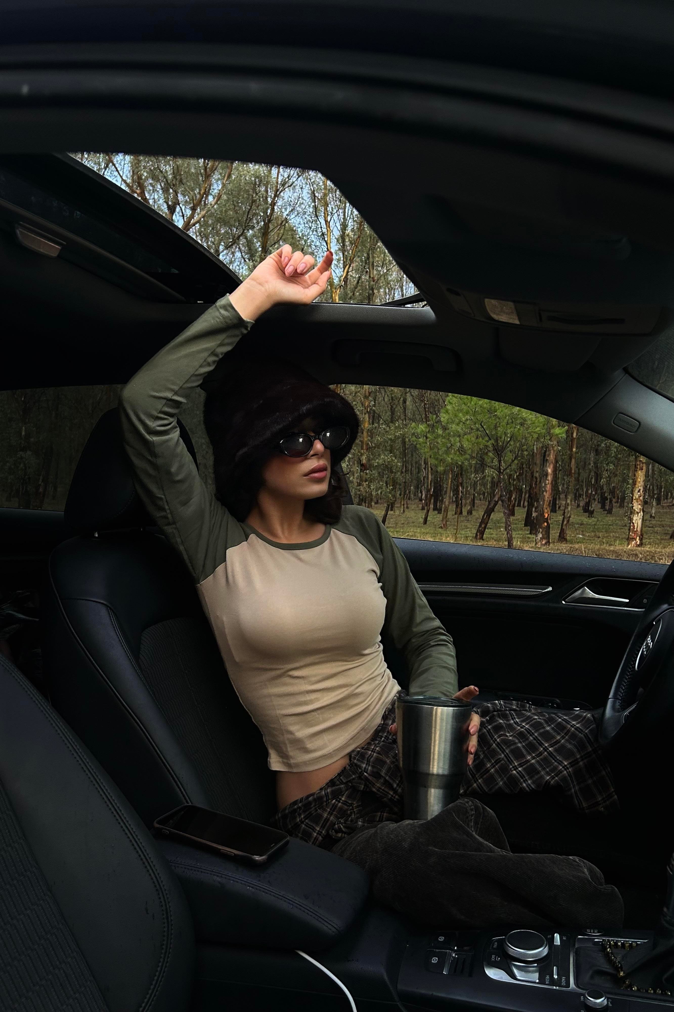 Haki Raglan Kollu Kahverengi Basic Uzun Kollu Crop