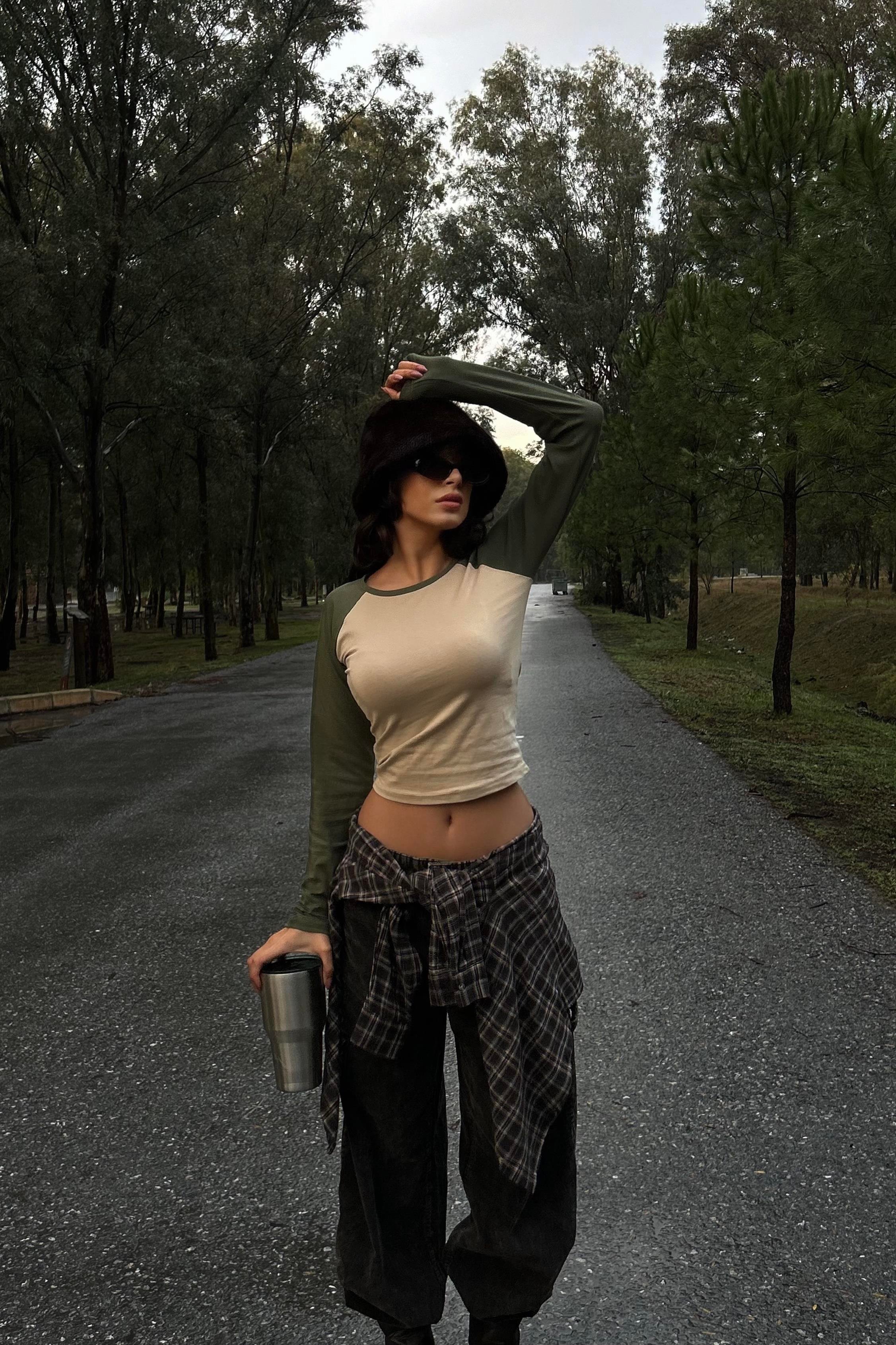 Haki Raglan Kollu Kahverengi Basic Uzun Kollu Crop