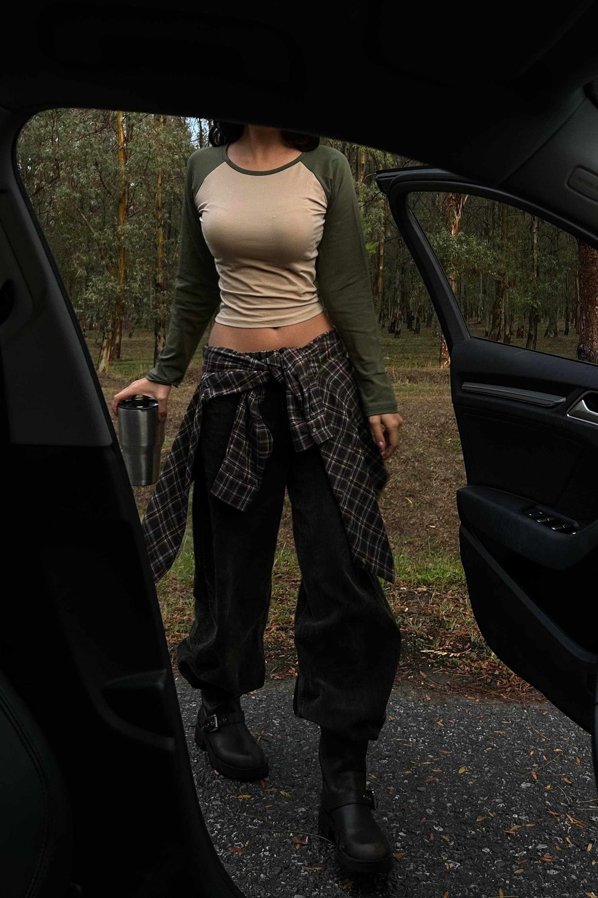 Haki Raglan Kollu Kahverengi Basic Uzun Kollu Crop