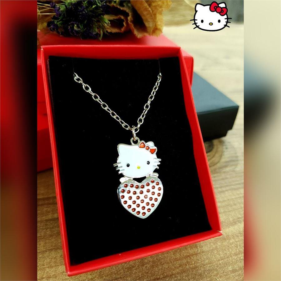 Hello Kitty Kırmızı Puantiyeli Kalp Kolye 