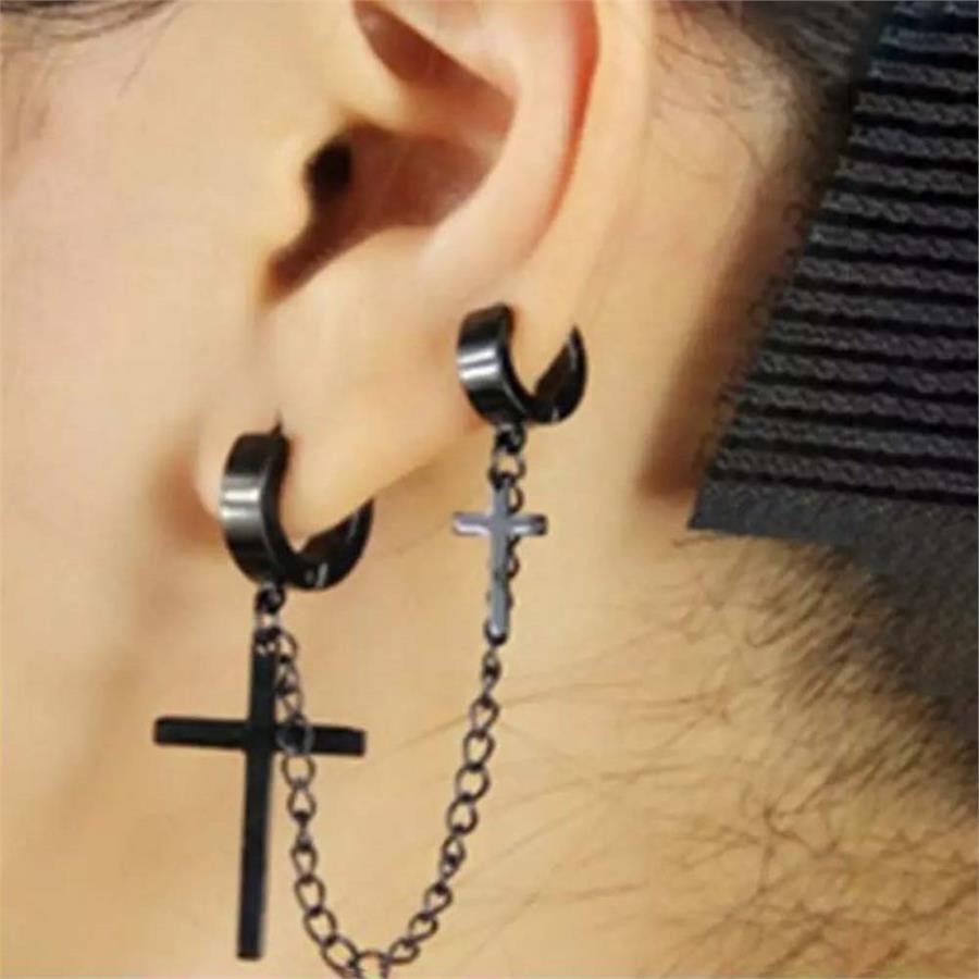 İkili Haç Zincirli Siyah Küpe