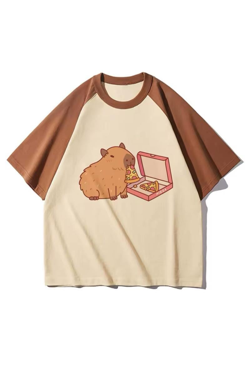 Kahverengi Raglan Kapibara Pizza Unisex T-shirt