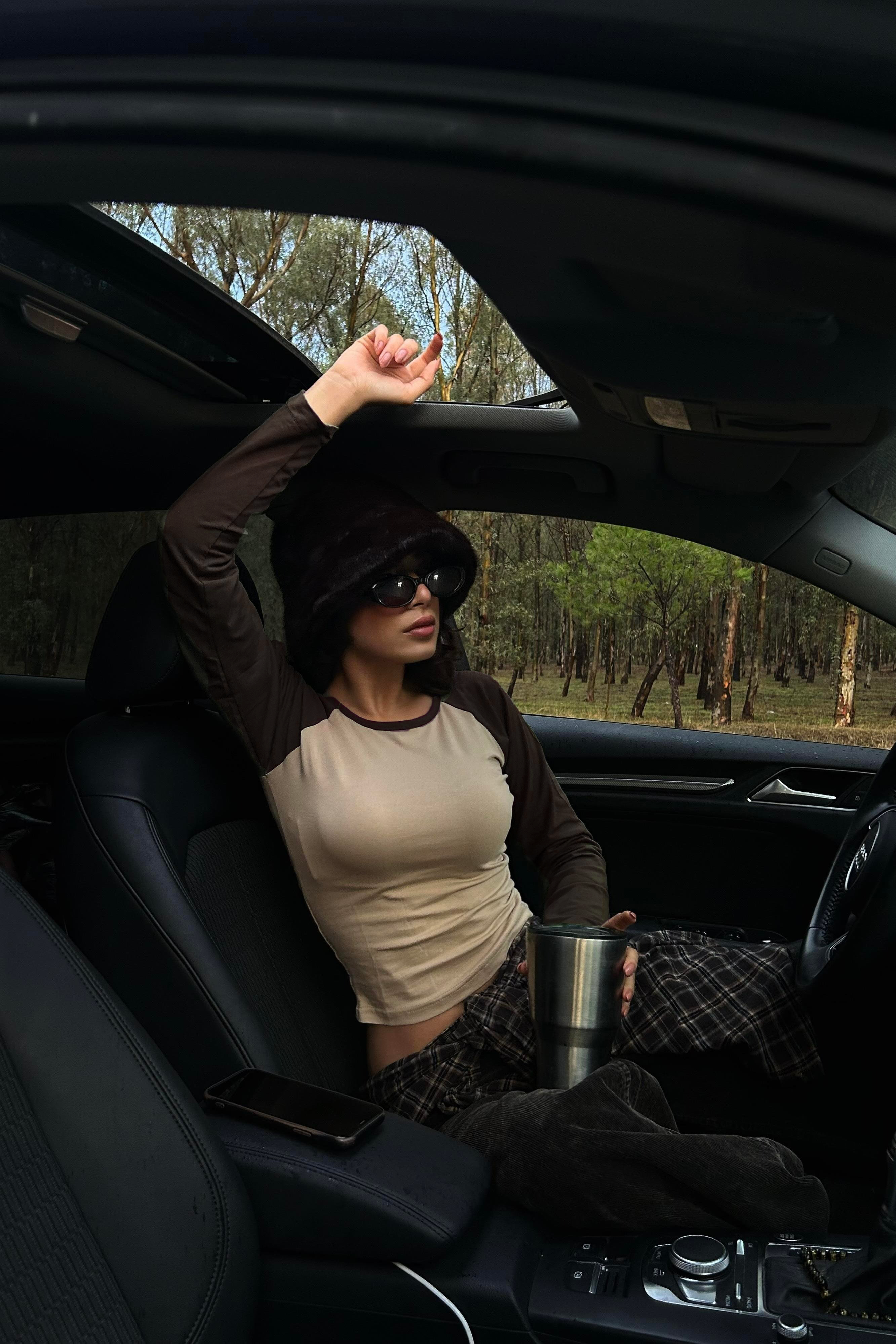 Kahverengi Raglan Kollu Gri Melanj Basic Uzun Kollu Crop