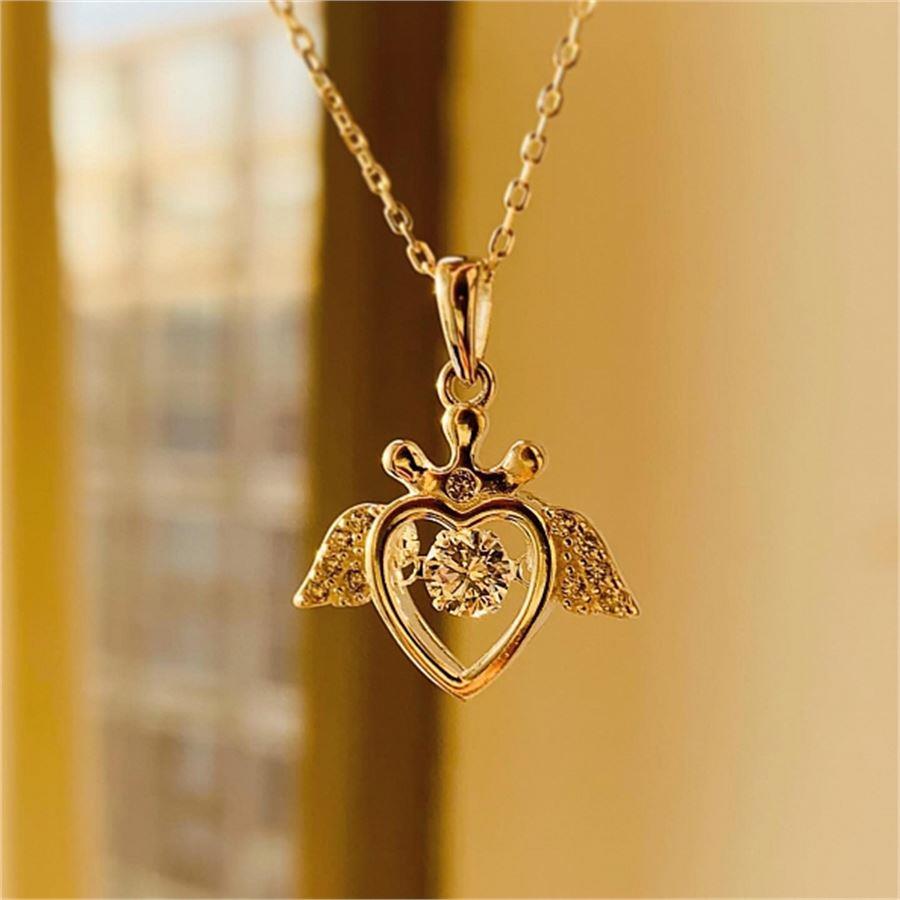 Kanatlı Kalp Taş Detaylı Gold Zincirli Kolye 