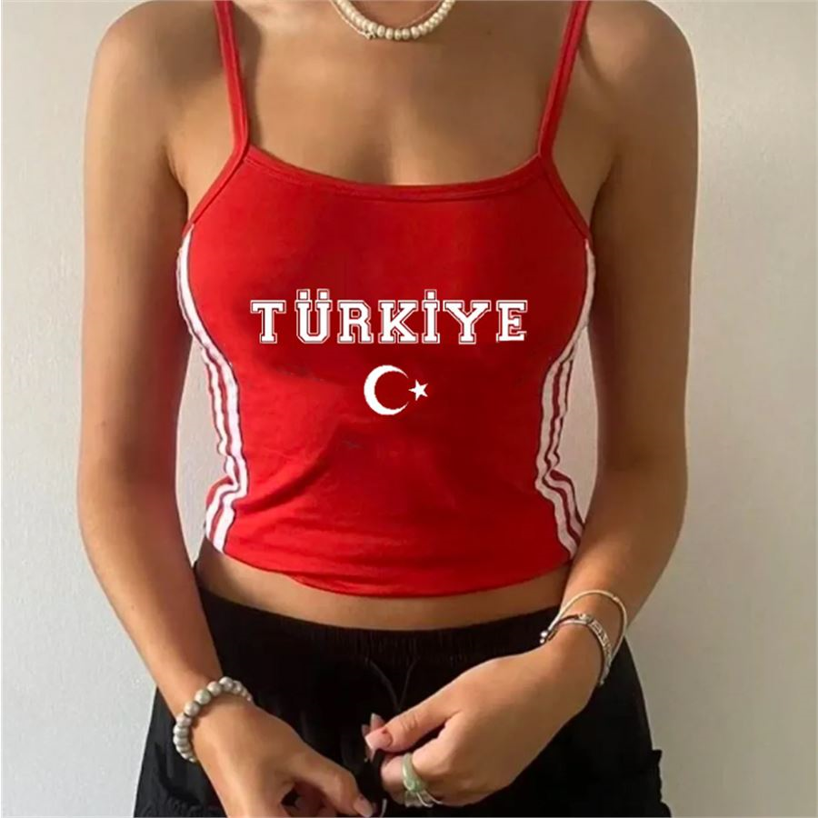 Kırmızı Beyaz Şeritli Türkiye Ay Yıldız Askılı Crop