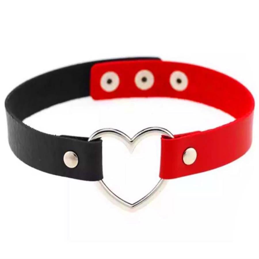 Kırmızı Siyah Kalpli Deri Tasma