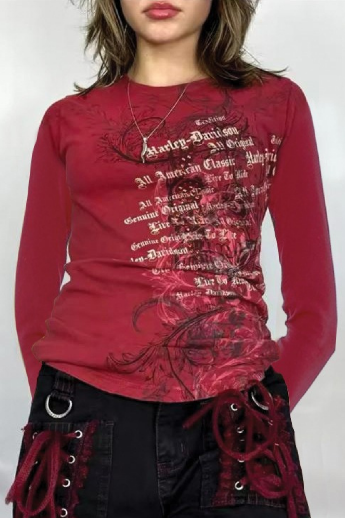 Kırmızı Skull Life Cyber Grunge Uzun Kollu Crop