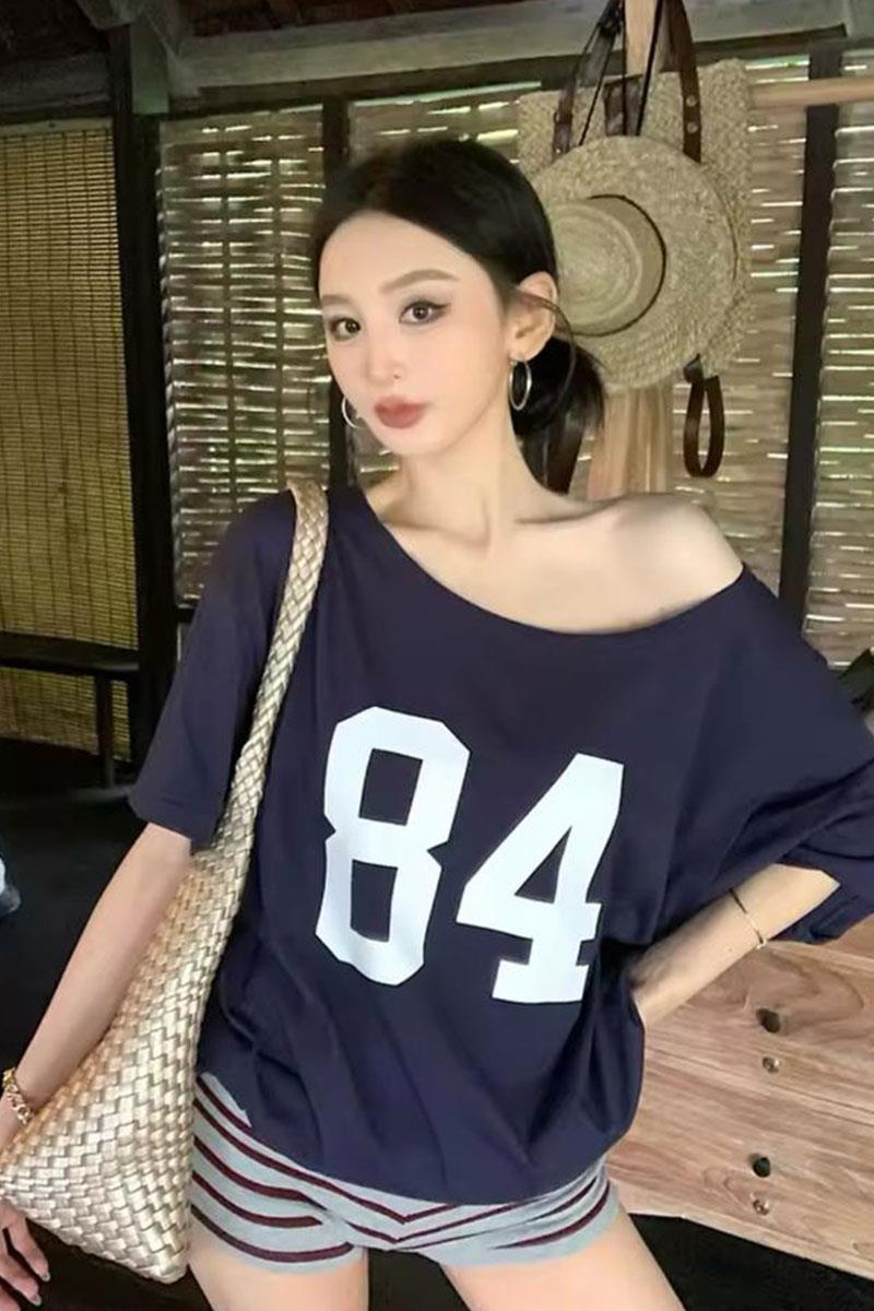 Lacivert 84 Number Salaş Omuz Dekolteli T-shirt