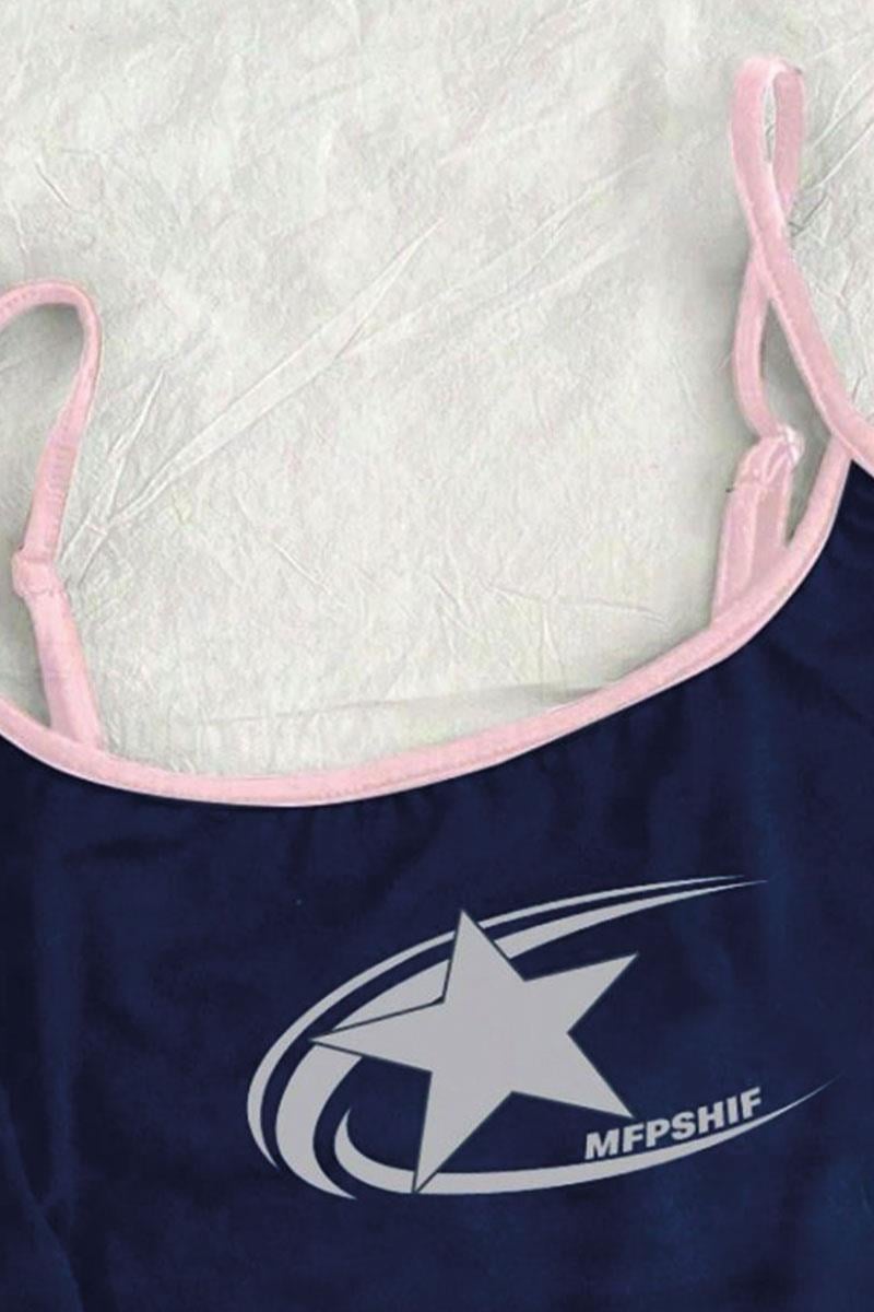 Lacivert Cosmos Star Graphic Askılı Crop