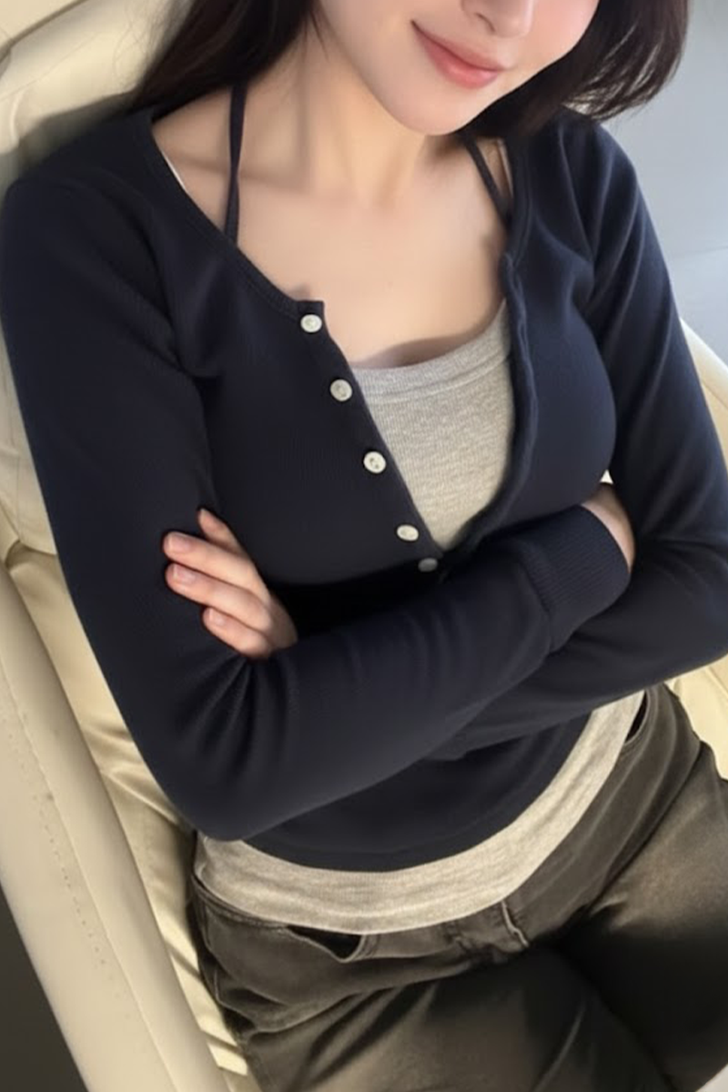 Lacivert Düğmeli Gri Ek Parçalı Uzun Kollu Crop