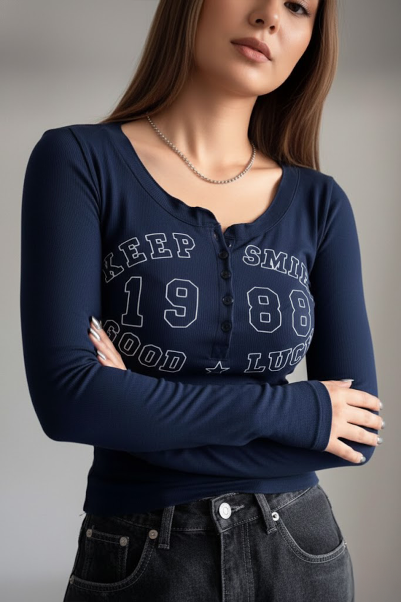 Lacivert Keep Smile Düğmeli Street Y2K Uzun Kollu Crop