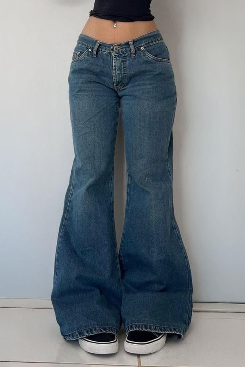 Lacivert Low Rise V Kesim Mavi İspanyol Paça Pantolon