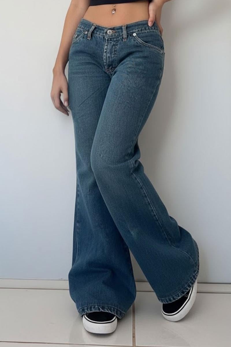 Lacivert Low Rise V Kesim Mavi İspanyol Paça Pantolon