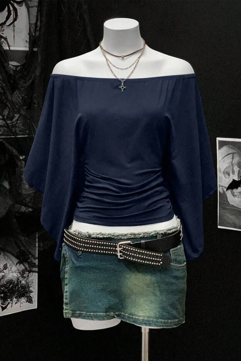 Lacivert Madonna Yaka Yarasa Kol Düz Y2K Uzun Kollu Crop