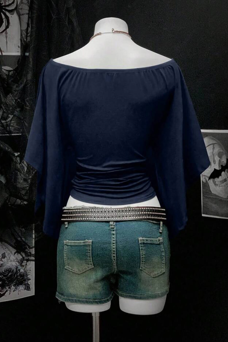 Lacivert Madonna Yaka Yarasa Kol Düz Y2K Uzun Kollu Crop