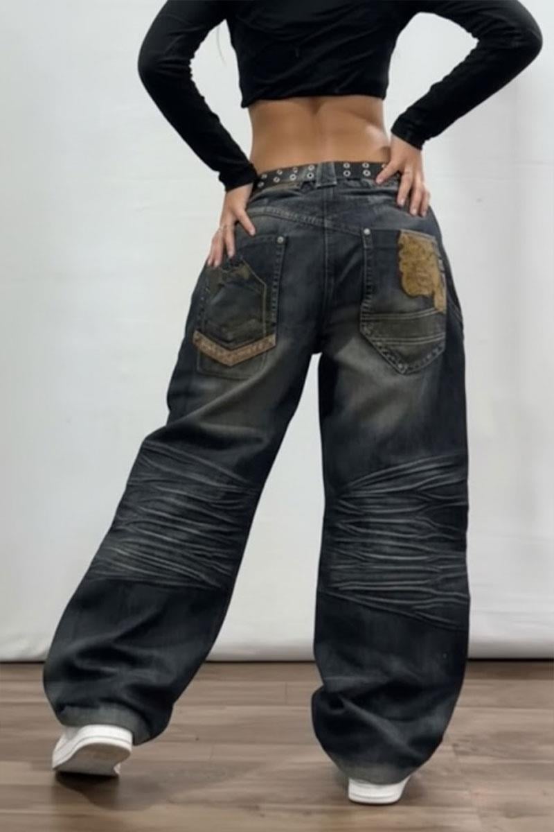 Lacivert Vintage Eskitme Baskılı Streetwear Unisex Baggy Pantolon