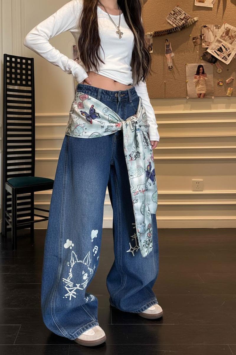 Lacivert Vintage Fularlı Tavşan Baskılı Baggy Pantolon