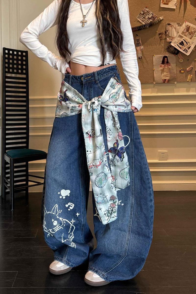 Lacivert Vintage Fularlı Tavşan Baskılı Baggy Pantolon