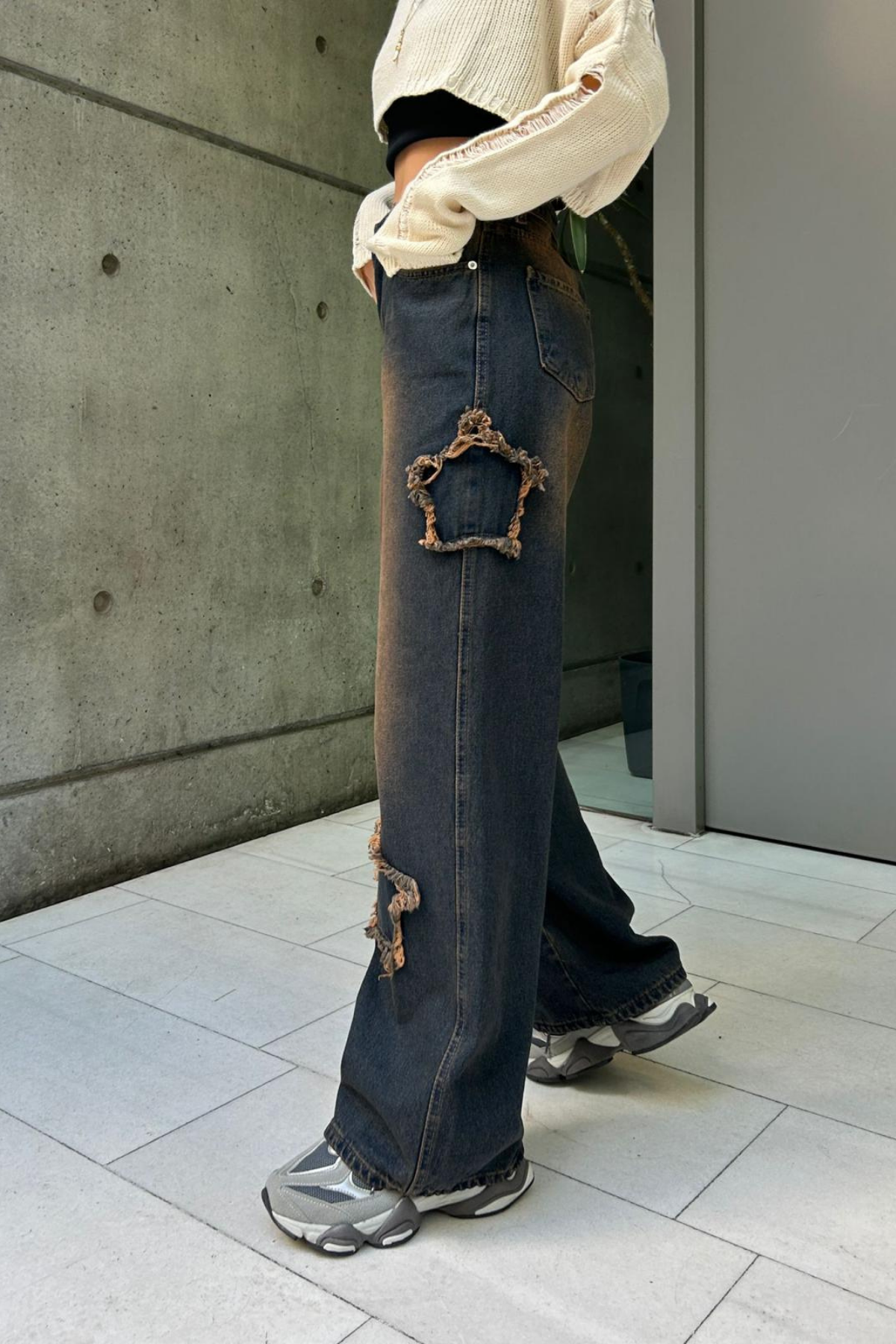 Lacivert Yıldız Yamalı Taşlanmış Vintage Baggy Kot Pantolon