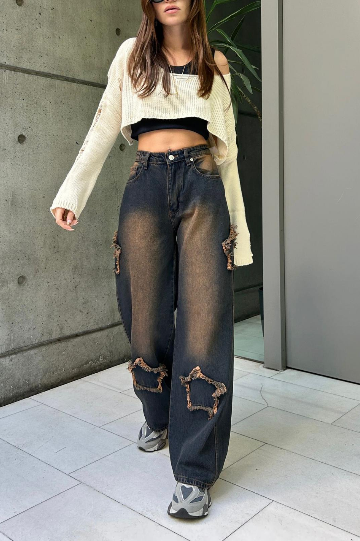 Lacivert Yıldız Yamalı Taşlanmış Vintage Baggy Kot Pantolon