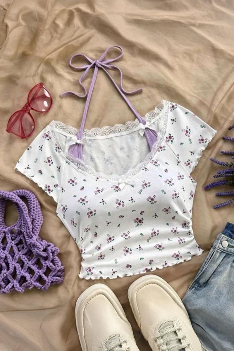 Lila Dantelli Madonna Yaka Ek Askılı Kısa Kollu Crop