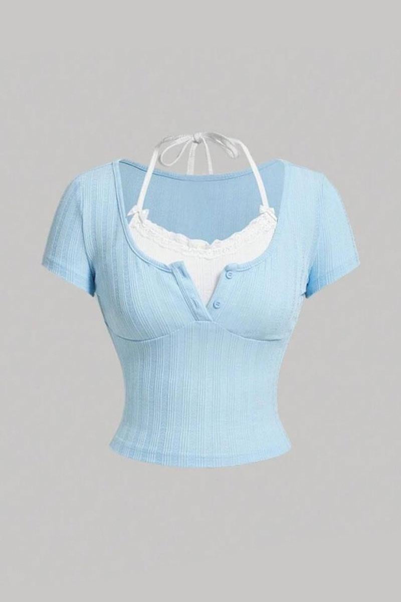 Mavi Bağlamalı Kurdeleli Beyaz Ek Yakalı Kısa Kollu Crop