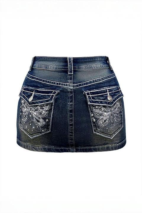 Mavi Butterfy İşlemeli Y2K Kot Etek