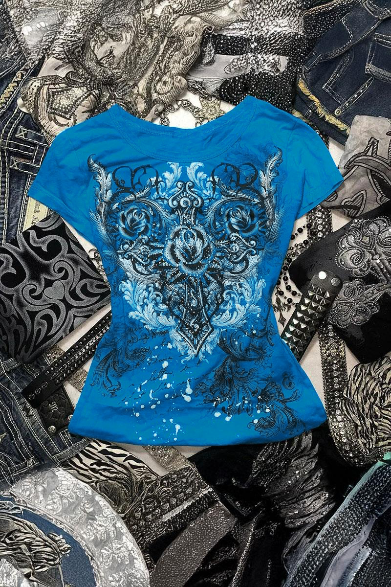 Mavi Gotik Rose Harajuku Y2K Kısa Kollu Crop