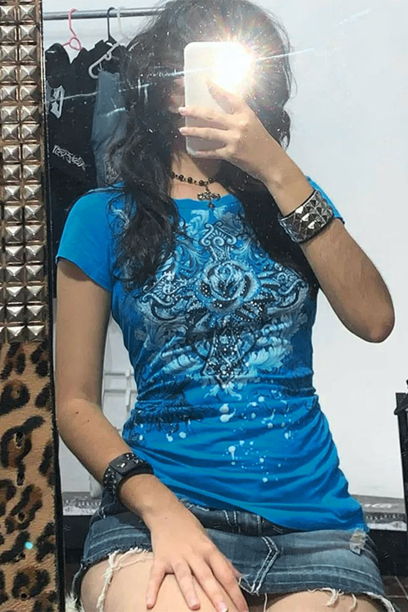Mavi Gotik Rose Harajuku Y2K Kısa Kollu Crop