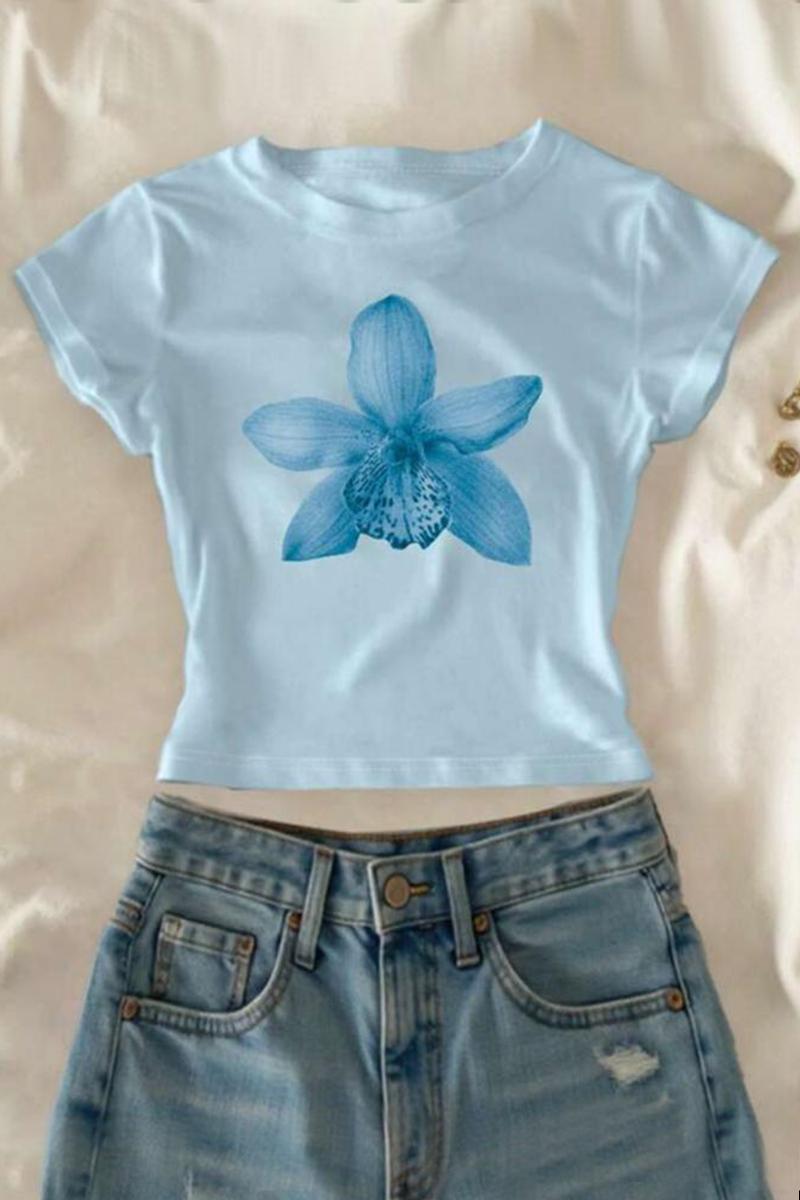 Mavi Lily Flower Kısa Kollu Crop