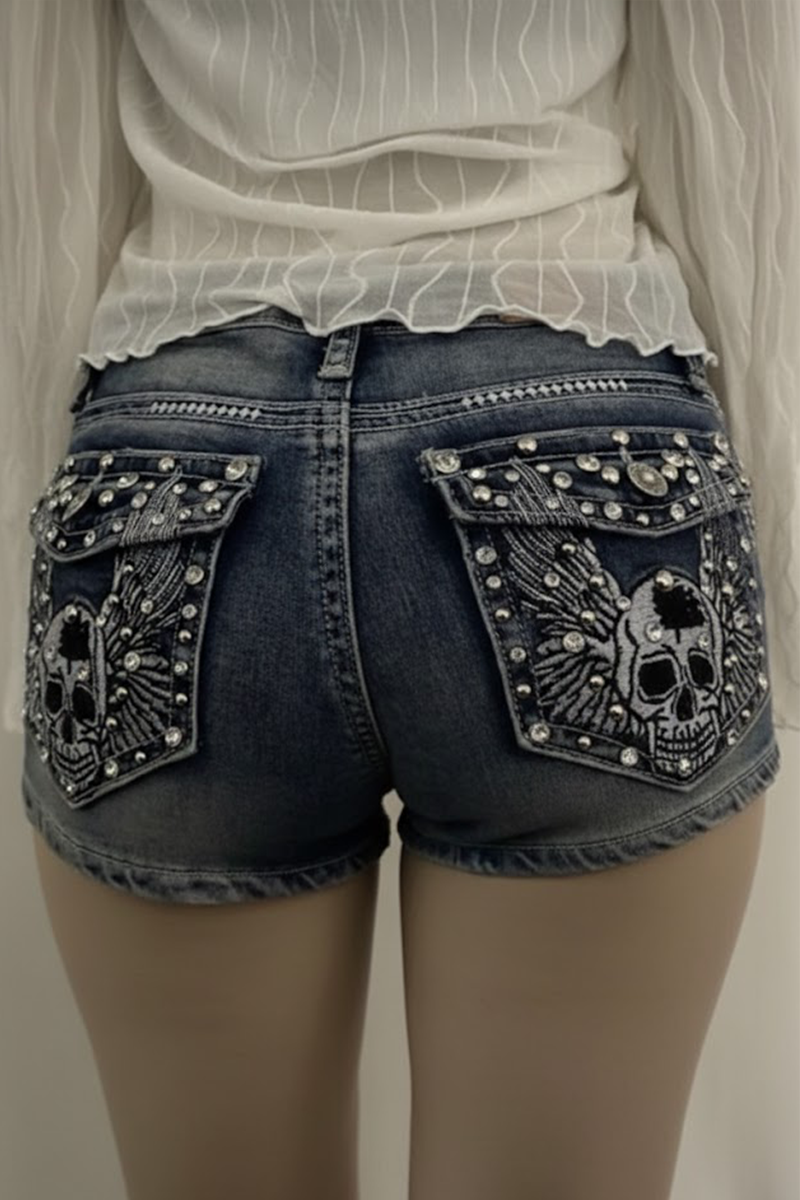Mavi Yıkamalı Taşlı Skull Wings Grunge Y2K Kot Mini Şort