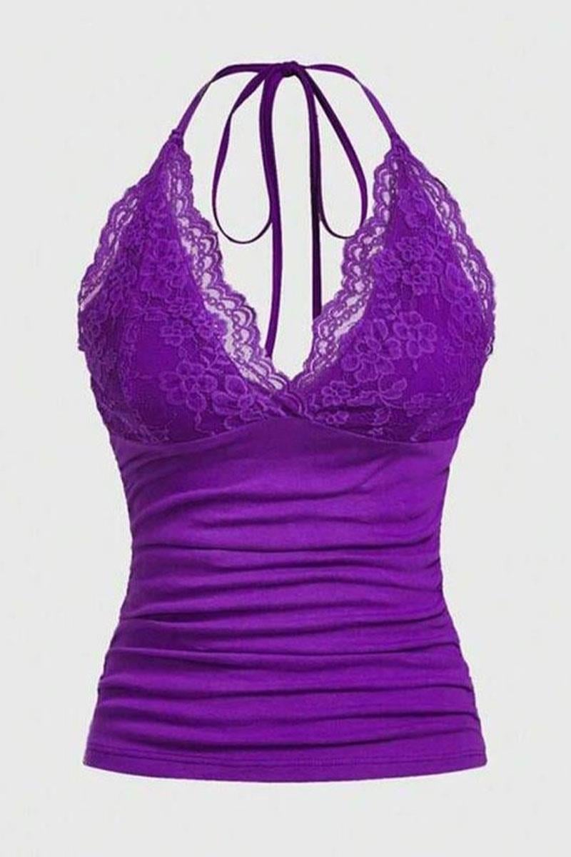 Mor Dantelli Bağlamalı Askılı Crop